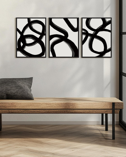KUVIOKE Black and Grey Abstract Framed Wall Art Ink Wash Minimalist Lines Painting Artwork for Bedroom Hallway 12x16in (Black Framed)