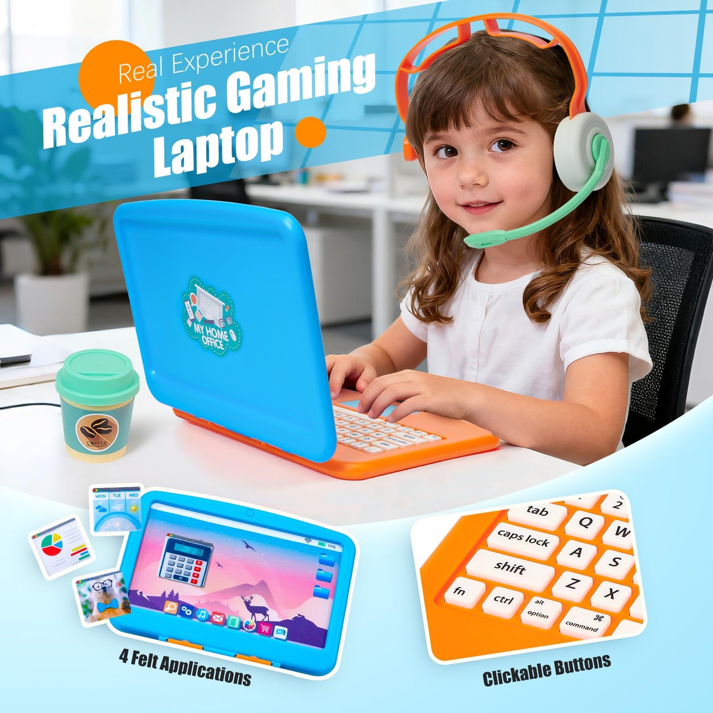 Cleboen Pretend Play Home Office Set for Kids — Toy Laptop Computer, LCD Writing Tablet, Pop Fidget Calculator, Phone, Headset, Glasses, Coffee Cup & Handbag, Birthday Gifts for Boys Girls Age 3-5-7