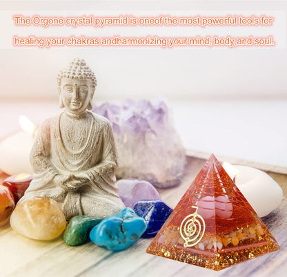 Orgone Pyramid for Positive Energy, Chakra, Wealth, Success - Chakra Orgonite Pyramid with Gemstones, Lucky Crystals, and Attract Lucky Home Decor