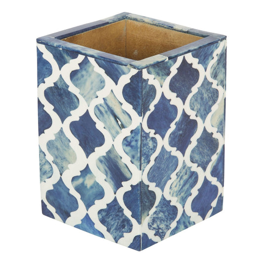 Handicrafts Home Pen Holder– Aesthetic Bone & Resin Inlay Pencil Cup for Modern Desk Organizer- Blue White Moroccan Pattern Minimalist Office Accessories & Decor for Women- Make-up Organizer- 3x3x4”