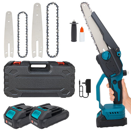 Cordless Chainsaw with Brushless Motor,6&8-Inch Mini Chainsaw,with 2×6-inch Chains,2×8-inch Chains,2 Guide Plates,2 High-Capacity Batteries.Featuring Safety Lock for Tree Pruning & Wood Cutting Tasks