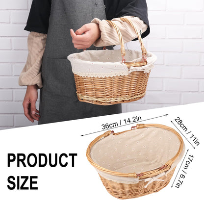 Large Multipurpose Wicker Basket with Handle, 14.2 x 11 x 6.7 in Wicker Picnic Basket with Liner, Empty Gift Basket, Oval Willow Woven Basket for Fruit, Wine, Gathering, Wedding, Picnic, by GNIEMCKIN