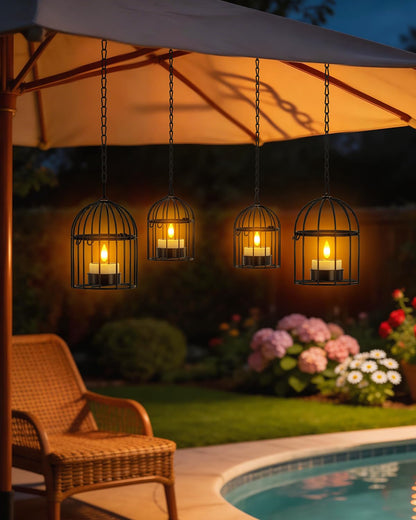 SoulBay Outdoor Lanterns with Solar Tea Lights, 4 Pack(2L 2S) Hanging Waterproof Solar Lights for Outside with Extended Chain, Bright & Long Lasting Solar Candles, Birdcage Lamp for Tree Patio Garden