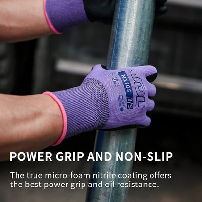 JDL 3 Pairs Microfoam Nitrile-Coated Nylon Work Gloves for Women & Men, Touchscreen Safety Gloves, Lightweight & Breathable with Durable Grip for Construction, Warehouse, Mechanics, Purple, Large