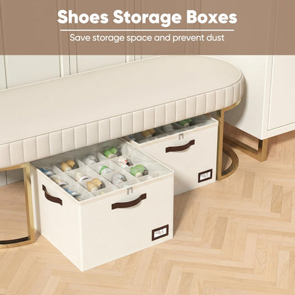 OIAHOMY 2 Pack Shoe Organizer for Closet, Large Foldable Shoe Storage Bins with Dividers and Reinforced Handles, Each Clear Cover Sneaker Box Fits Up to 16 Pairs for Entryway and Bedroom, Beige