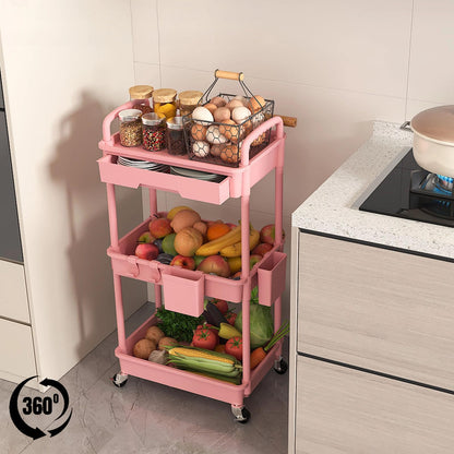 LLMRR 3 Tier Rolling Utility Cart with Drawer, Plastic Storage Organizer Rolling Carts with Wheels Handles Hanging Cups Hooks for Office, Bathroom, Kitchen,Craft Art Room (Pink)