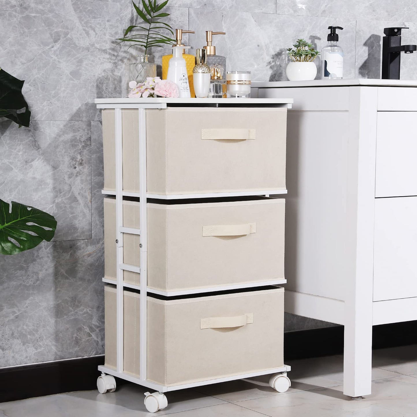 MAX Houser Dresser Tower with 3 Drawers for Bedroom, Fabric Storage Organizer Unit, Chest of Drawers with with WoodTop, Small Vertical Storage for Guest Room, Closet, Entryway, Nursery(Beige)