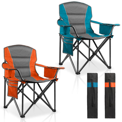 LANMOUNTAIN 2 Pack Padded Oversized Camping Chairs for Adults,Heavy Duty Support 400 Lbs,Folding Portable Lawn Chair w/Cup Holder,Cooler Bag,Side Pocket,Perfect for Outdoor Picnic,Hiking(Orange&Blue)