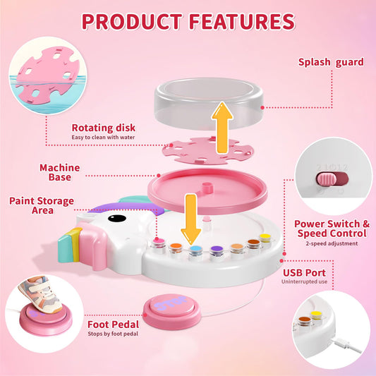 Oeasic Unicorn Spin Art Machine for Kids, Dual Rotation Painting Spinner Arts and Crafts with 60 Design Cards, Art Supplies for Kid Set, Birthday & Christmas Gift for Girls Ages 4 5 6 7 8 9 10 11 12