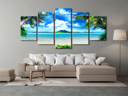 Pyradecor Modern 5 Piece Canvas Prints Artwork Contemporary Landscape Blue Sea Beach Pictures Paintings on Canvas Wall Art for Living Room Home Decorations Extra Large