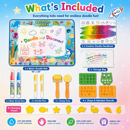 ANIMOLDS Water Doodle Mat for Kids, Large 40 x 32 Aqua Magic Reusable Drawing Mat, Mess Free Coloring & Writing Toy, Educational Gift for Toddlers Boys Girls