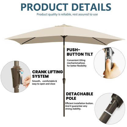 GREFORG 6.5x10FT Rectangular Patio Umbrella with Push Button Tilt & Crank Lift for Garden,UV Protection Outdoor Umbrella for Deck,Pool and Yard,Beige