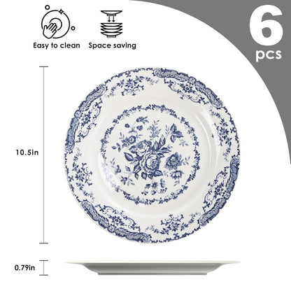 HomeElves Dinner Plates, Ceramic Plates Set of 6, Kitchen Plates Microwave Safe, White Plate Dessert Blue Floral Plate Porcelain (Blue Rose, 10.5 inch)