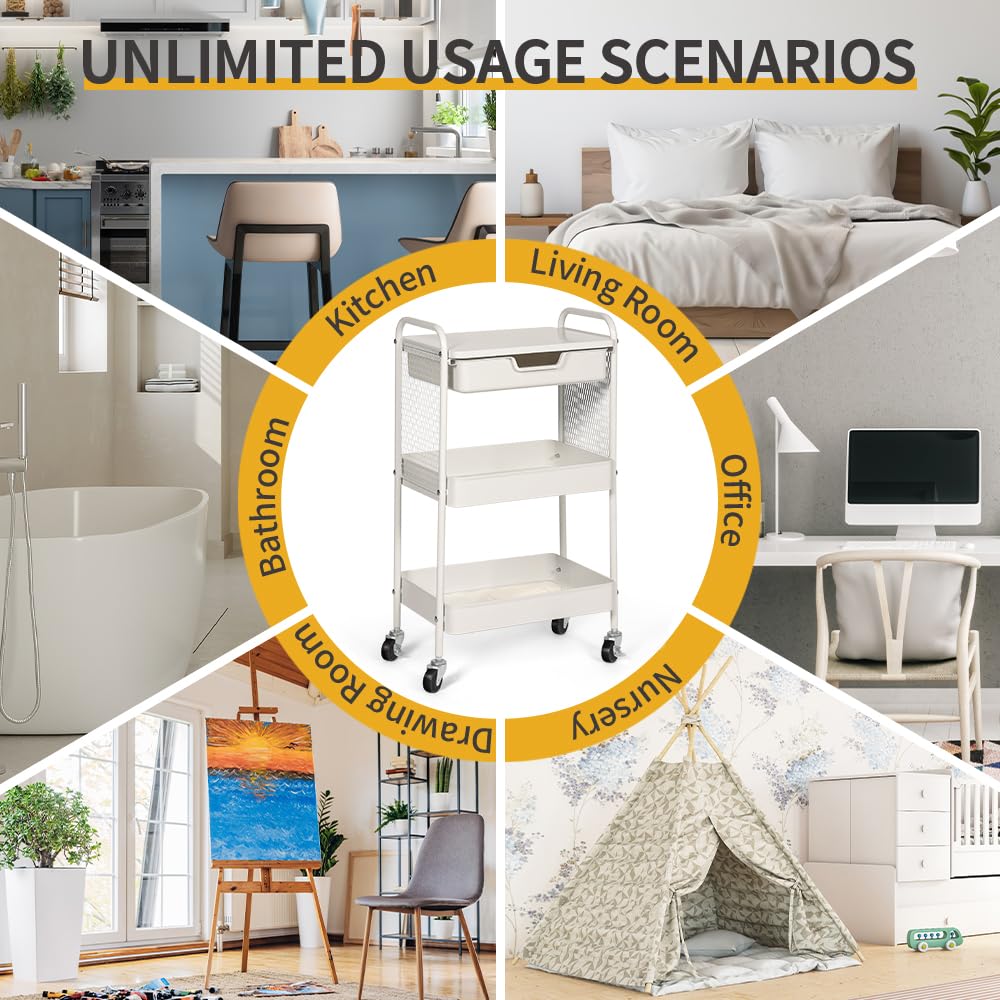 CRUDATE 3-Tier Rolling Cart with Drawer, Metal Utility Storage Cart Organizer with Lockable Wheels&Hanging Cups&Hooks, Mobile Storage Craft Carts Trolley with Mesh Shelves for Kitchen, Office-White