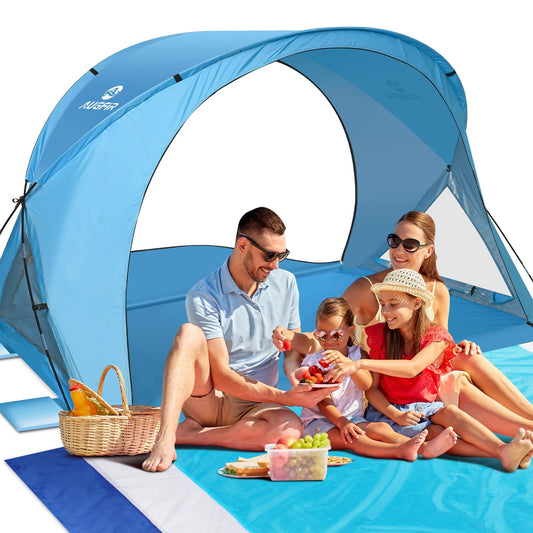 AugFir Beach Tent Sun Shelter, Beach Tent with Beach Mat Set, 4 Person Portable Beach Shade Canopy with UPF 50＋ UV Protection, Dual-Door Ventilation Design, Easy Setup Family Beach Umbrella (Blue)