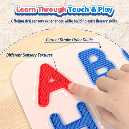 Sensory Silicone Letter Tracing Pad: Double-Sided Textured Sensory Toys for Learning Focus & Fine Motor, Quiet Travel Toy, Preschool Learning Activities, Educational Montessori Toys for Toddlers Kids