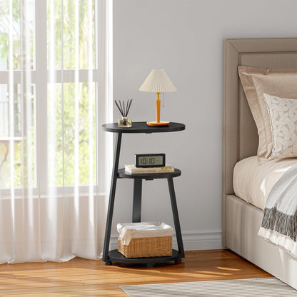 Kalrin Side Table, Small End Table with Metal Frame, 3-Tier Bedside Tables, Round Side Tables for Living Room Bedroom Couch Bathroom, Oval, Pure Black