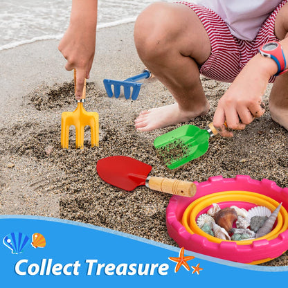 Anzmtosn Kids Metal Garden Tool Set Sand Toy, Rake, Spade, Hoe and Leaf Rake, Beach Shovels Scoop Toy, Essential Toddler Sandbox Kit Beach Gear Accessories Outdoor Gardening, 4 Pack