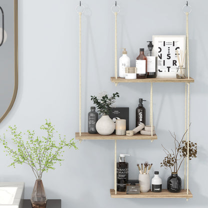 Fixwal Hanging Plant Shelves for Wall, 3 Tier Boho Wall Decor Plant Rack Floating Shelves Rope Rustic Wood Organizer Storage Hanger for Aesthetic Home Bedroom Kitchen Bathroom- Rustic Brown