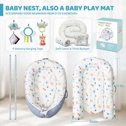 Baby Play Mat, 7-in-1 Infant Gym Mat for Sensory and Motor Development, Washable & Portable Newborn Tummy Time Activity Mat for Home & Travel, Babies Gift for 0-3-6-9-12-18 Months