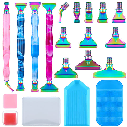 Fuutreo 23 Pcs Diamond Art Pens Painting Tools 5d Diamond Painting Accessories 4 Art Pens Kits 11metal Screw Thread Tips with 6 Clay Bead Sorting Trays Gel Pad for DIY Craft(Bright Colors)