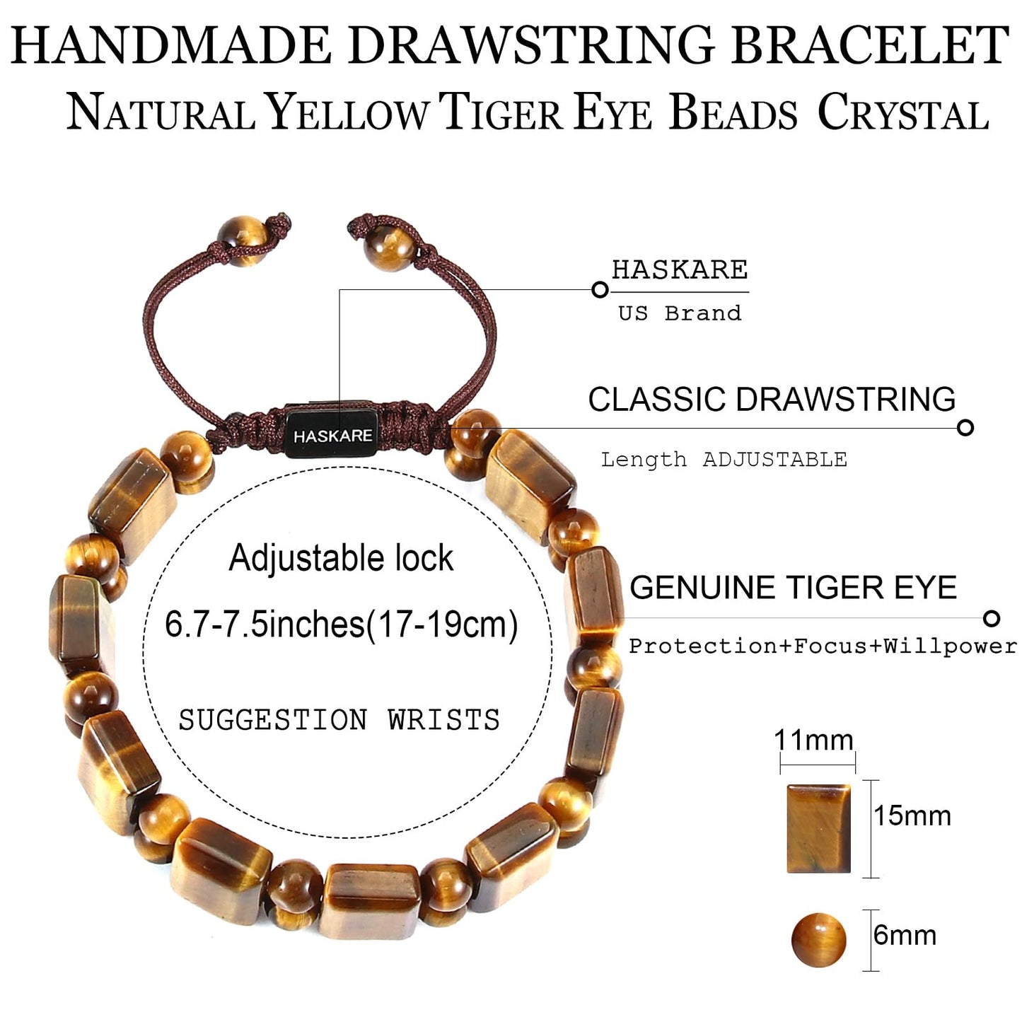 Mens Tiger Eye Protection Bracelet - HASKARE Real Crystals Tiger Eye Beads Bracelet Handcrafted Brown Stone Gifts for Him, Durable Drawstring Mens Jewelry Bracelets Stuffers for Men Fathers Day Christmas