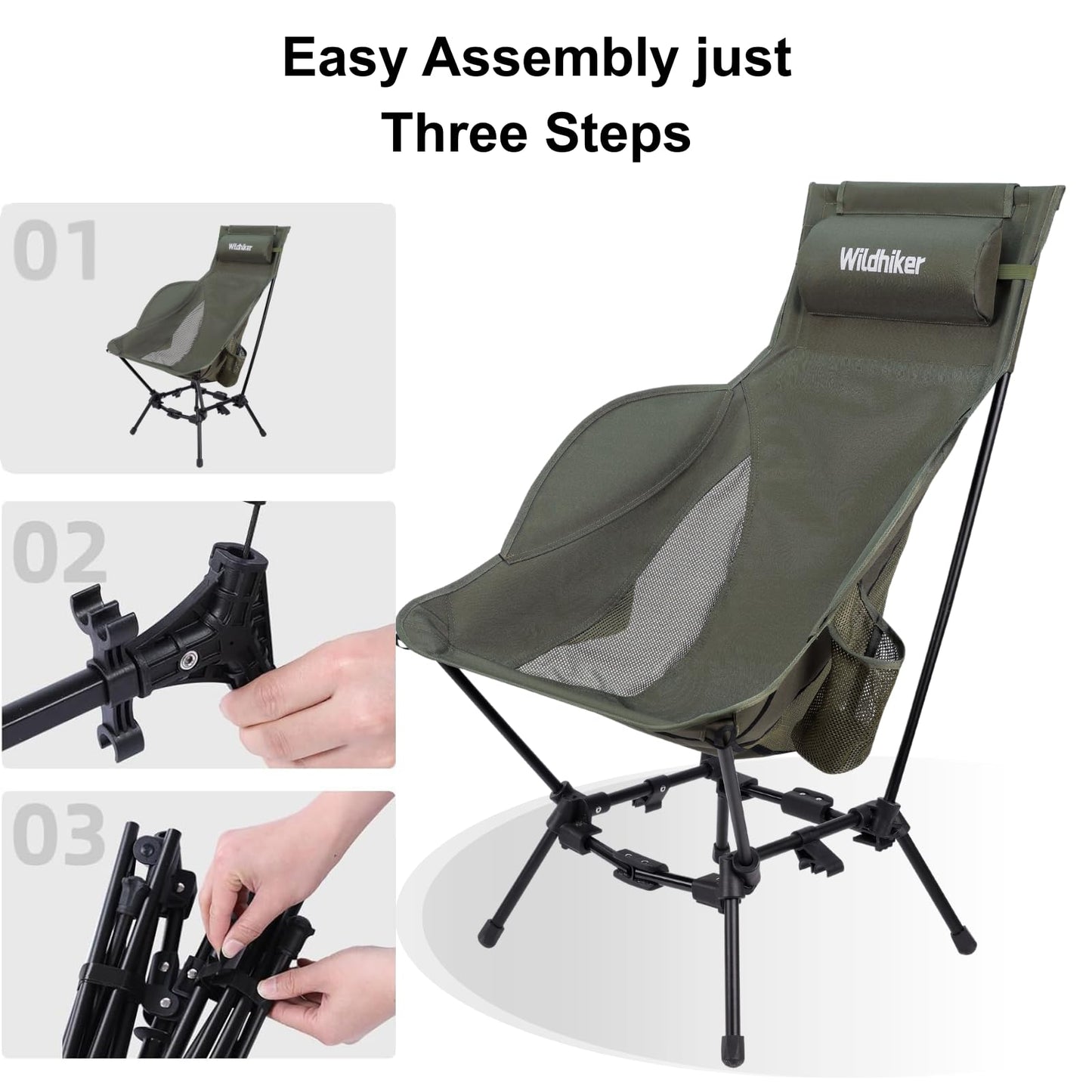Wildhiker Compact High Back Camping Chair - Foldable with Dual Sitting Modes, Pillow, Arm Pads and Side Pockets - Lightweight Portable Chair for Motorcycle, RV, Festival, Travel - Green