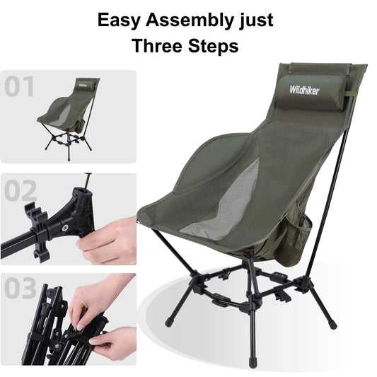 Wildhiker Compact High Back Camping Chair - Foldable with Dual Sitting Modes, Pillow, Arm Pads and Side Pockets - Lightweight Portable Chair for Motorcycle, RV, Festival, Travel - Green
