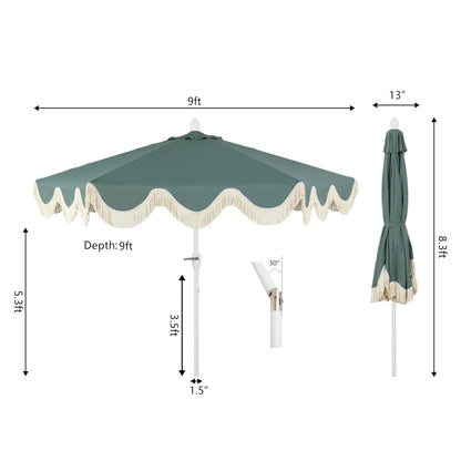 JONATHAN Y UMB1001K Collins 9 ft. Classic Cottage Fringe Tassel Market Patio Umbrella with Auto-Tilt Crank, Wind Vent and UV Protection in Green/Cream, White Pole