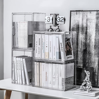 Clear Acrylic Bookcase, Book Organizer Box, Portable Book Containers with Magnetic Door, Stackable Display Case for Purses Handbags Dolls Toys Shoes(Clear, 14.17" ×10.63"×8.66")