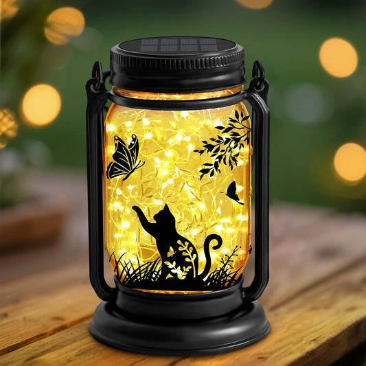 Cat Lover Gifts for Mom, Grandma,Women Mothers Day Birthday, Cat Solar Lanterns Butterfly Vintage Glass Hanging Mason Jar, Waterproof Fairy Garden Lights for Patio Yard Lawn Tree Decor