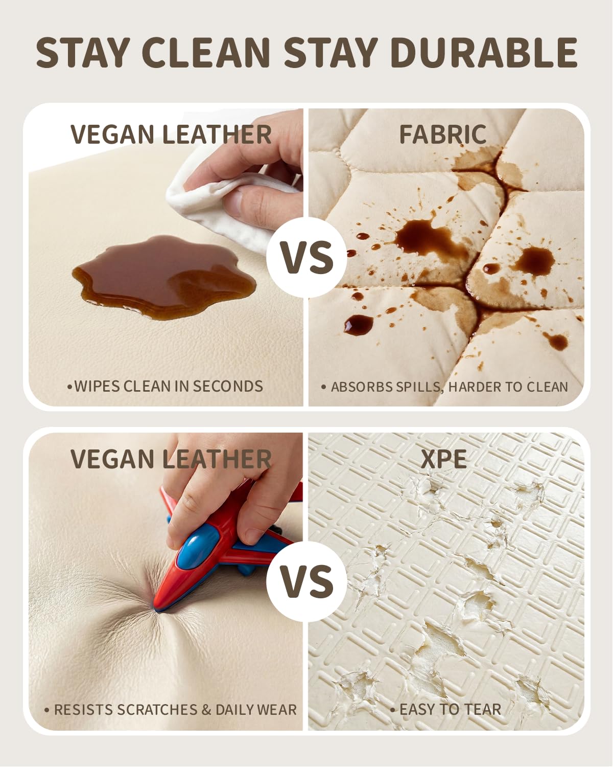 Joypony Baby Play Mat for Floor 50x50, 1.5” Thick Vegan Leather Crawling Mat with Removable Cover, Waterproof Playpen Mat for Infants and Toddlers, Wipe-Clean Kids Playmat, Cream