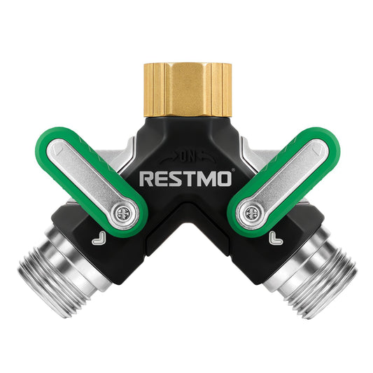 RESTMO 2 Way Garden Hose Splitter Heavy Duty Full Metal Body, Full Flow Design with Oversized Ball Valve, Y Outdoor Faucet Spigot Adapter with Extended Levers, 3/4" GHT Thread - Green 1 Pack