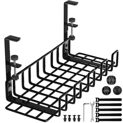 Under Desk Cable Management Tray, 16” No Drill Cord Organizer with Clamps for Wire Management, 4mm Sturdy Wire Desk Cable Organizer Tray, Cable Management Rack for Office
