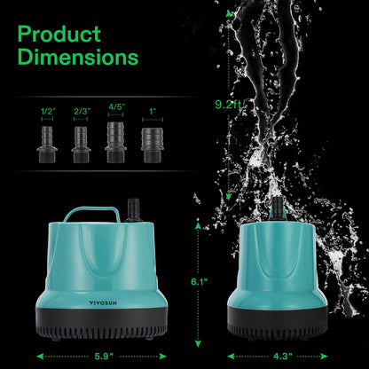 VIVOSUN 850GPH 60W Submersible Pump for Fish Tank, Pond, Aquarium, Hydroponic Systems with 5ft Power Cord and 4 Nozzles Blue