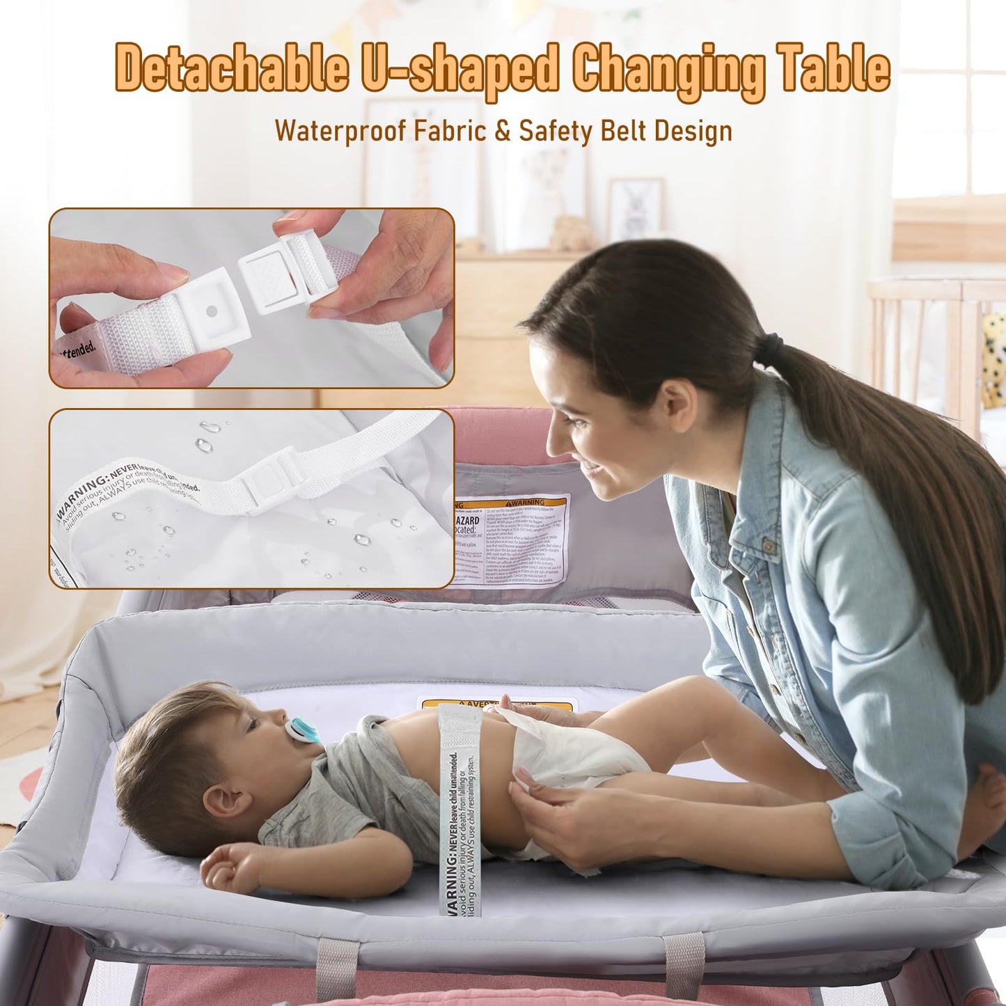 Jaoul 5 in 1 Baby Crib, Bassinet Beside Sleeper, Pack and Play with Bassinet and Changing Table Portable Travel Baby Playpen with Toys & Music Box, Mattress for Girl Boy Infant Newborn Pink