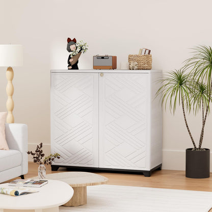 HOMSPARK Indoor/Outdoor Storage Cabinet with Doors, 34”x15”x34” HDPE Plastic Storage Box for Bedroom, Bathroom, Living Room, Balcony, Multi-Purpose for Daily Tools, White