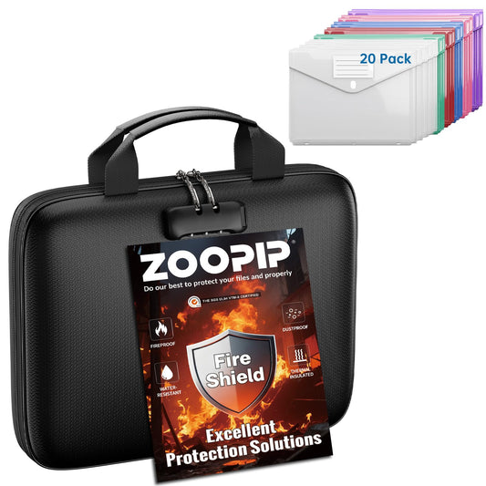 ZOOPIP Binder Folders Organizer with 20 Pack Heavyweight Plastic Pockets,Fireproof File Folder Box with Lock,Zipper Binder Bag for Important Documents,Letter Size