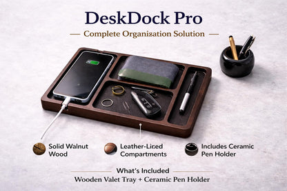 Desk Organizer Tray for Men with Ceramic Pen Holder, Wooden Valet Tray, Minimalist EDC Desk Organizer for Phone, Wallet, & Keys, Nightstand Bedside, Entryway, Birthday Gift for Men, Dad, Husband
