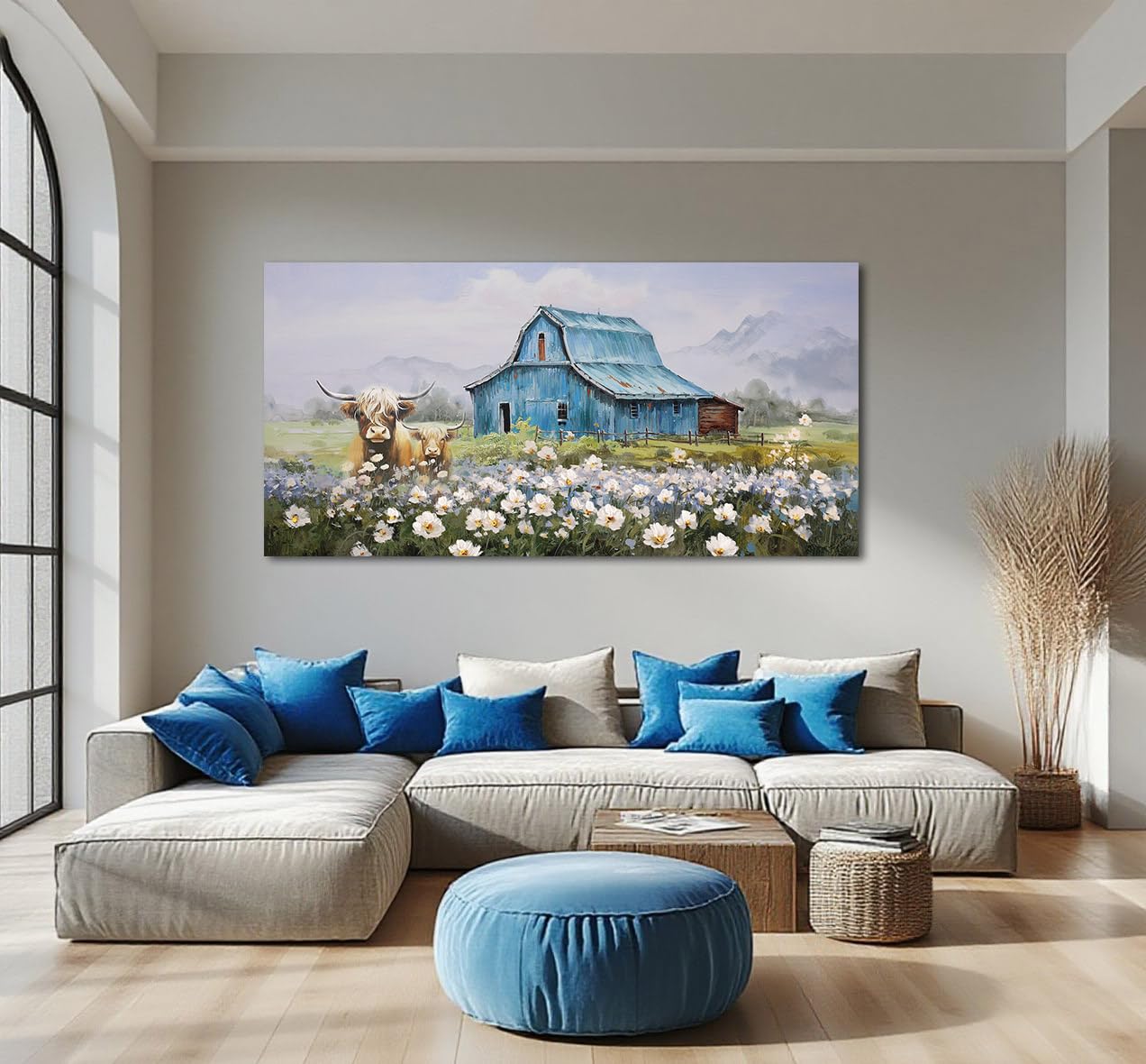 Anolyfi Highland Cow Farmhouse Wall Art for Living Room, Blue Barn Paintings Warm and Cozy Decor for Bedroom Dining Room Home Hallway, Framed 58"x29"