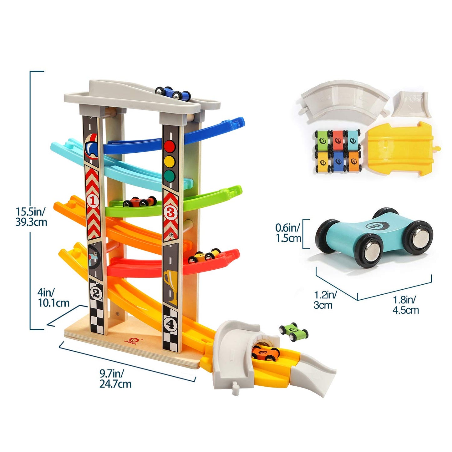 TOP BRIGHT Wooden Car Ramp Race Track Toy for Toddlers 1-4 Years, Montessori Educational Learning Toy for 2 Year Old Boys Girls Gifts with 6 Mini Cars