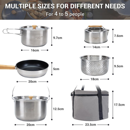 KingCamp Camping Cookware Set, 304 Stainless Steel Campfire Cooking Pots Pan and Kettle with Travel Tote Bag for Camping Outdoor Kitchen Cooking Picnic for 4-6