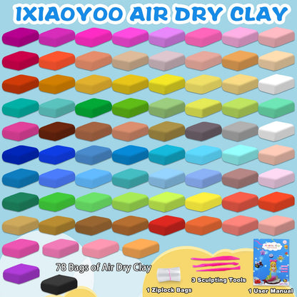 Ixiaoyoo Air Dry Clay for Kids, 78 Colors Modeling Magic Clay, Safe & Non-Toxic, DIY Model School Arts & Crafts Kit with Tools, Home Party Favors, Birthday & Christmas Toys Gift for Boys & Girls