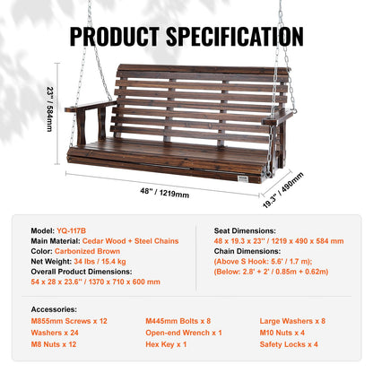 VEVOR Outdoor Wooden Porch Swing, 880lbs 4.5FT Heavy Duty Haning Porch Swings Bench Chair for Patio, Garden and Courtyard