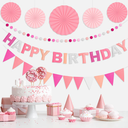 Danadia Pre-Strung Happy Birthday Banner, Reusable Felt Birthday Party Decorations, 3D Effect Happy Birthday Sign with Felt Ball Garland, Pennant Flag, Hanging Paper Fans for Men Women Boy Girls (Pink)