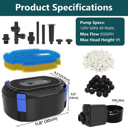 AquaMiracle Pond Filter with Pump Fountain Kits | 850GPH Pond Filter with Pond Pump & Fountain Kit | 3 Spray Patterns | Water Feature | Koi Pond Filters for Outdoor Ponds 500-750 Gal