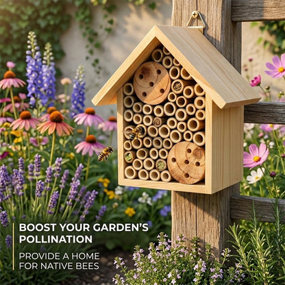 EGREE Mason Bee Houses Outdoor Wooden Bee Hotel for Garden and Yard Hand-Made Bamboo Bee Hive for Bees Butterflies and Ladybugs, Medium Size 8"x7.5"x5", Natural Finish