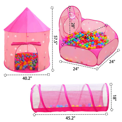 3PC Princess Tent for Girls with Kids Ball Pit, Kids Play Tents and Crawl Tunnel for Toddlers, Pink Pop Up Playhouse Toys for Baby Indoor& Outdoor Tent Games (Pink Tent with Stars 3pc)