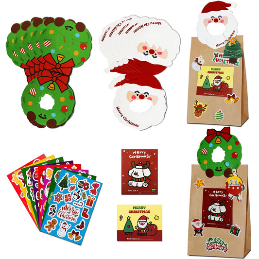 Diteje 20 Pack Santa Claus and Christmas Wreath Card Head Kits,Foldable Hanging Handle with Kraft Paper Bags,Name Label Cards,Tags,Bells for DIY Xmas Holiday Present Wrap Decoration Party Gift Package