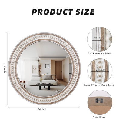 24 Inches Rustic Round Wall Mirrors - Wooden Farmhouse Circle Mirror for Bathroom, Entryway, Bedroom, Living Room, Entryway Decorative